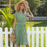 summer hot sale European and American mid-length skirt short-sleeved tie polka dot pleated dress