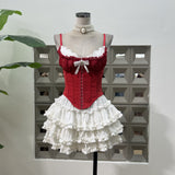 Amazon fishbone slim sling + cake girl anti-exposure skirt + knitted waist V-neck cardigan 3-piece set
