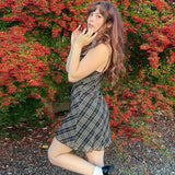 spring new sweet fresh plaid suspenders sexy lace stitching dress A-line short skirt