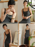 Supermodel Daily Style Two-Button Square Neck High Weight Textured Slim Fit Dress