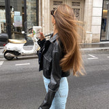 women's clothing European and American style new leather jacket navel-baring white leather jacket female ins black top