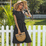 summer hot sale European and American mid-length skirt short-sleeved tie polka dot pleated dress