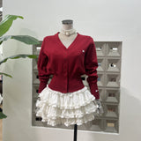 Amazon fishbone slim sling + cake girl anti-exposure skirt + knitted waist V-neck cardigan 3-piece set