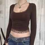 Pbong 2000s fashion Spring and Autumn Hot Girl Style Sexy U-Neck Lace Bow Stitching Slim Slimming Long Sleeve Y2g Bottoming Shirt T-shirt