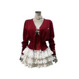 Amazon fishbone slim sling + cake girl anti-exposure skirt + knitted waist V-neck cardigan 3-piece set