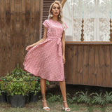 summer hot sale European and American mid-length skirt short-sleeved tie polka dot pleated dress