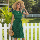 summer hot sale European and American mid-length skirt short-sleeved tie polka dot pleated dress