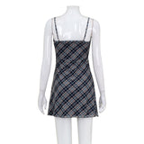 spring new sweet fresh plaid suspenders sexy lace stitching dress A-line short skirt