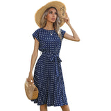 summer hot sale European and American mid-length skirt short-sleeved tie polka dot pleated dress