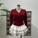 Amazon fishbone slim sling + cake girl anti-exposure skirt + knitted waist V-neck cardigan 3-piece set