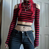 2000s fashion Contrast Color Striped off-the-Shoulder Slim-Fit Short Knitted Long-Sleeved T-shirt Top Spring New