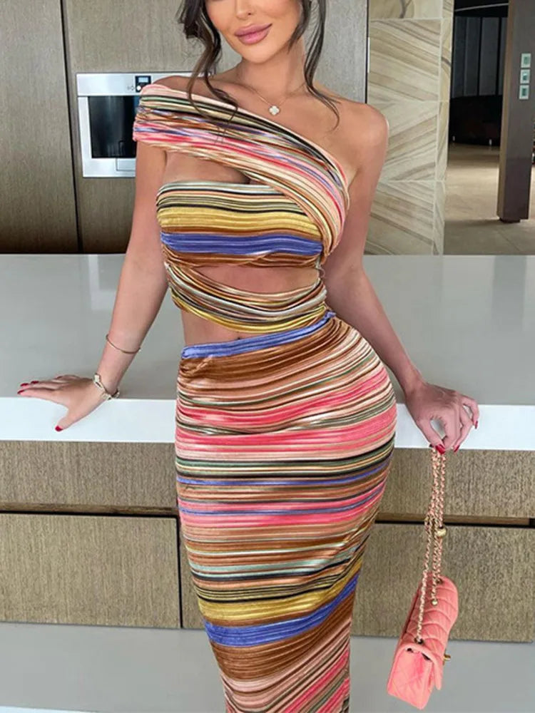 Oblique Shoulder Striped Backless Maxi Dress For Women Off-shoulder Sleeveless Bodycon Irregular Sexy Long Dress