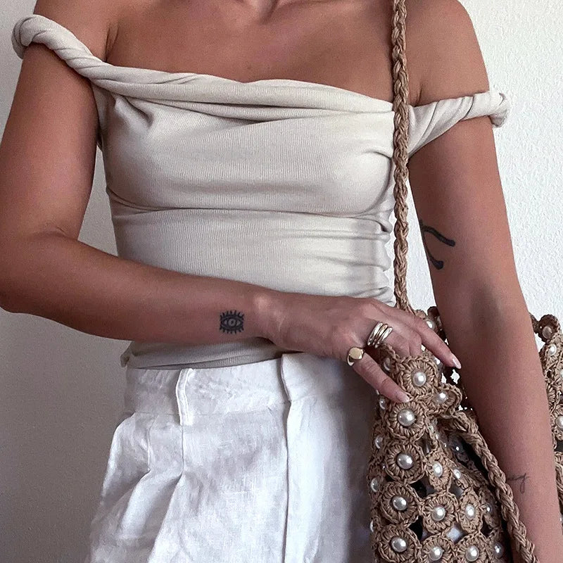 Off Shoulder Slim Fit Twist Top For Women Sexy Solid Fashion Sleeveless Patchwork Pullover Short T shirt Female Summer