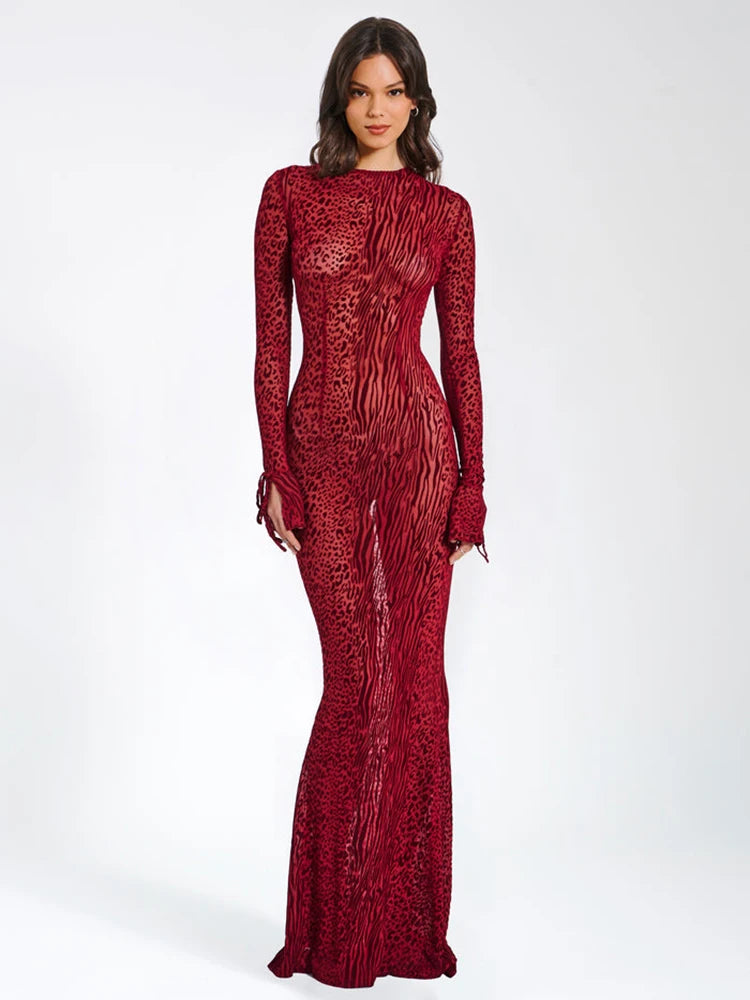 Red Striped Print Sexy Maxi Dress For Women Fashion Long Flare Sleeve Backless Bodycon Club Party Long Dress Elegant