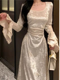Autumn Elegant Velvet Midi Dresses For Women Lace Patchwork Flare Sleeve A-line Birthday Party Dress Vestidos Mujer New