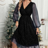 Pbong  Women's Elegant V-neck Slim Fit Solid Color Dress Patchwork Mesh Perspective Powder Spray Party Dress Formal Evening Gown