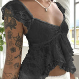 Fairy Coquette Tank Top y2k Women Sheer See Through V Neck Sleeveless Double Layered T Shirt Lace Vest Club Streetwear