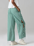 Pbong  Women Plaid Wide Leg Pants Side Tie-Up Hollow-Out Loose Straight Trousers Bottoms Spring Summer Fashion Casual Sweatpants