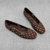 Pbong  Square Toe Polka Dot Flats Shoes for Women Elegant Spring Autumn Ballet Flats Casual Streetwear Satin Buckle Strap Black Loafers