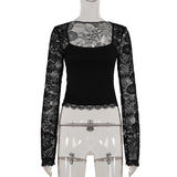 Pbong  Sexy Patchwork Lace T Shirt Slim Hollow Out Square Collar Long Sleeve Tees Women Autumn Spring Fashion Streetwear Ladies