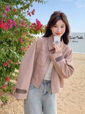 Pink Y2K Faux Suede Jacket Women Vintage Streetwear Long Sleeve Loose Coat Korean Casual Harajuku Fall Winter Outwear Tops
