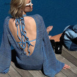 Knit Loose Flare Sleeves Sexy Backless Summer Dress Fashion Bikini Hollow Crochet Cover Up For Women Vacation Sheer Mini Dress