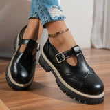Pbong  Black T-Strap Flat Shoes for Women, Round Toe Brogue Detail with Metal Buckle, Casual Chunky Soled Shoes