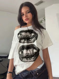 Simple Lip Print t-Shirts Women High Elasticity Wide Collar Leisure Summer Trend Skinny Versatile Classic Comfort Tops