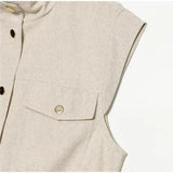 Pbong  Linen Blend Stand Collar Sleeveless Pocket Vest Cinched Waist Sleeveless Summer Women Outerwear Minimal Chic Lady Chaleco