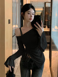 Sexy Off The Shoulder Design Korean All Match Tops Y2k Aesthetic Lrregular Side Split Drawstring Clothes Sweet Flare Sleeve Tee