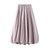 Pbong  Women's Elegant Elastic High Waist Solid Color A-Line Pleated Puffball Hem Casual Flowy Balloon Bud Midi Skirts