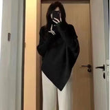 Turtleneck Pullover Poncho for Women Sweater Asymmetric Long Sleeve Knitted Tops Solid Autumn Winter Elegant Casual