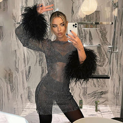Fashion Sexy Feather Patchwork Long Sleeve Mesh Prom Dress Women Spring See-through Bodycon Dress Hip Party Night Club Dresses