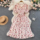 Pbong  Women Dress Fashion Romantic Floral Print Drawstring Waist Long Summer Dress Vacation Korean Party Vestidos