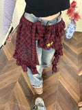 Pbong  Y2k Aesthetic Plaid Irregular Ruffled Skirts Vintage Women Streetwear Letter Print Faldas Harajuku Grunge Casual Bandage Skirt