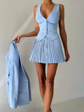 Fashion Skirt Two Piece Sets Women V Neck Single-breasted Vest Tops And Pleated Mini Skirt Sexy Two Piece Sets Clothes