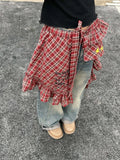 Pbong  Y2k Aesthetic Plaid Irregular Ruffled Skirts Vintage Women Streetwear Letter Print Faldas Harajuku Grunge Casual Bandage Skirt