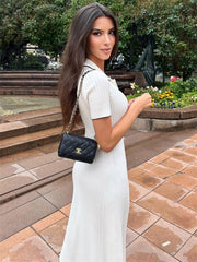 White Knit Fashion Maxi Dress Women Short Sleeve Patchwork Elegant Party Dress Knitwear Lapel High Street Women's Dress