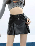 Pbong  Streetwear Sexy Y2K Pu Skirts Women Fashion High Waist Double Belt Mini Skirt Casual Fall Winter American A Line Skirts New