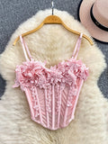 Pbong  Sexy ort Sexy Vest Women's Summer Faion Slimming Waist Belted Fibone Strapl Crop Top with 3D Flower Embroidery Breat...
