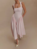 Women's Elegant Solid High Waist Pleated Long Dress Fashion Square Neck Sleeveless A-line Dresses Vocation Beach Streetwear