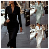 Pbong  Slimming Long V-neck Midi Dress Women's Fashionable Elegant Style Polyester Fabric High Waist Pure Color Splice Design