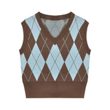 Vintage Plaid Sweater Vest Women V-neck Sleeveless Tank College Style Knitting Pullovers Tops for Daily
