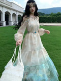 Autumn Women Printed Midi Dress Vintage Off Shoulder Halter Long Sleeve Loose A-Line Casual Dresses Female Vestidos Mujer New