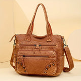 Pbong  Vintage Large Capacity Tote Bag with Multiple Zipper Pockets Rivet Detail Detachable Crossbody Bag Strap Casual Shoulder Purse
