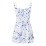 Pbong  Women's Elegant Flower Print Low Cut Tie-Up Sleeveless Cami Bodycon Corset Short Dress Summer Backless Party Clubwear
