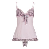 Pbong  Sweet Pink Leopard Printed Patched With Bow Camisole Y2K Aesthetics Girl's V-neck Lace Up Mini Sleeveless Tops Summer