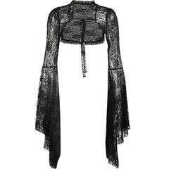 Vintage Gothic  Black Lace T-shirt Women Streetwear Flare Sleeve See Through Sexy Smock  Top Elegant Aesthetic Cropped Tops