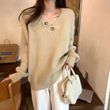 V-neck Knit Pullover Women Slouchy Long Sleeve Drop Shoulder Sweater with Buttoned Strap Cozy Knitwear Autumn Winter Chic Outfit