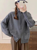 Korean Bow Cardigan Women Lazy Wind Double Zipper Long Sleeve Knitted Jacket Vintage Sweet Casual Preppy Style Tops Coat